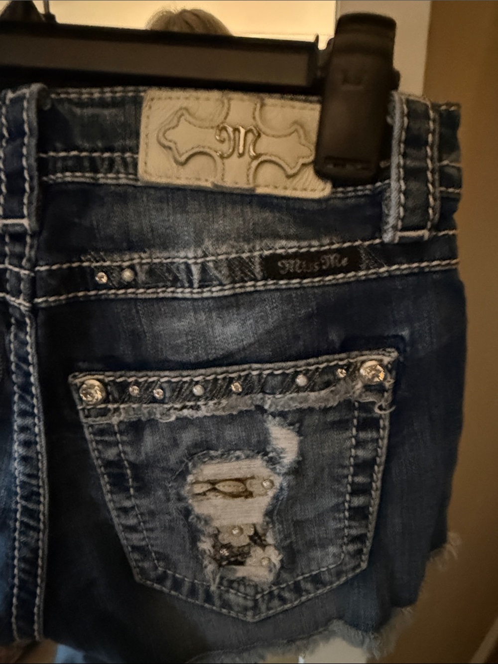 Miss Me Dark Blue Embellished Distressed Denim Shorts - Picture 7 of 7